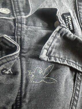 PLAYBOY Black Washed Denim Jacket with Rhinestone Dove